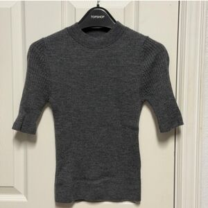 Uniqlo 100% Wool Women's Grey Ribbed Mock Neck Knit 1/2 Sleeve Sweater Small